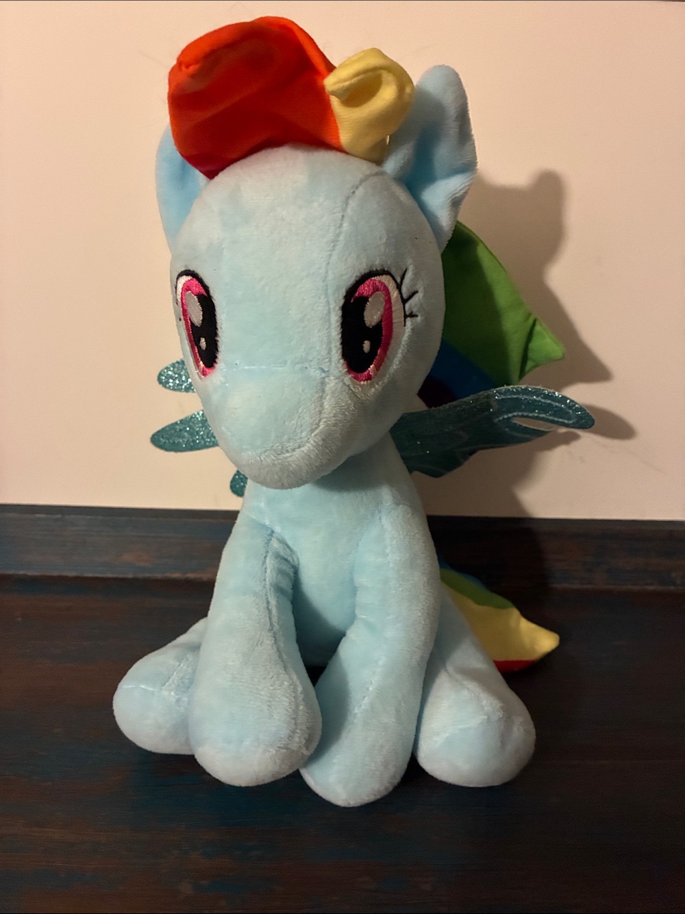 Rainbow Dash My Little Pony Plush Blue w/Rainbow Mane glittering wings seated